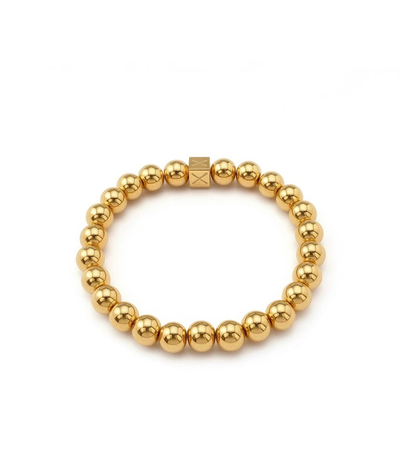 The Essential Collection - 8mm features a luxury designer bracelet composed of polished gold beads with a signature goldleaf engraved square bead accent, embodying handcrafted elegance.