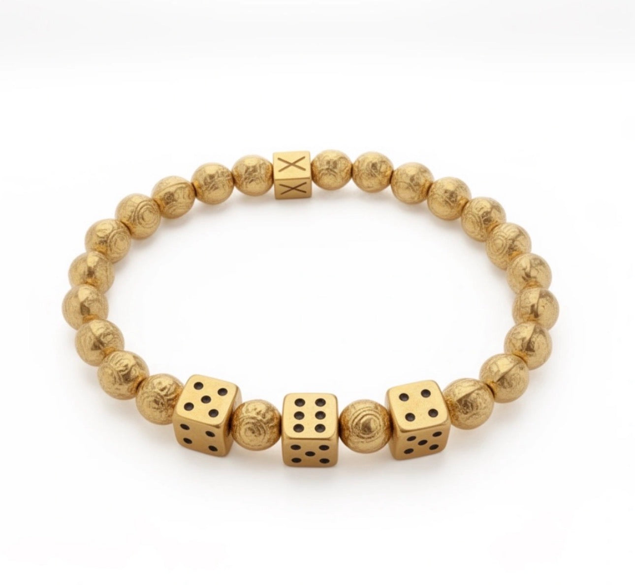 Limited Edition - Alea Aurea Lux bracelet featuring gold beads and dice-shaped accents, combining luxury handcrafted design with a unique, elegant style.