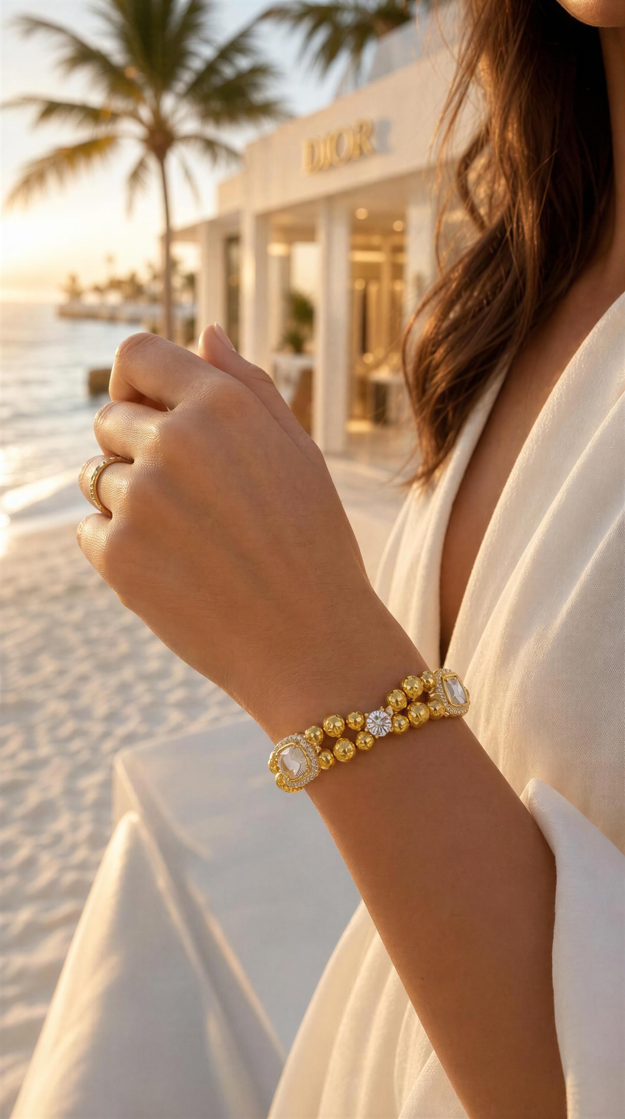 Close-up of a woman's wrist adorned with the XX ÉLÉGANCE LIMITED EDITION gold beaded bracelet, set against a serene beach sunset with palm trees and a luxury boutique in the background.