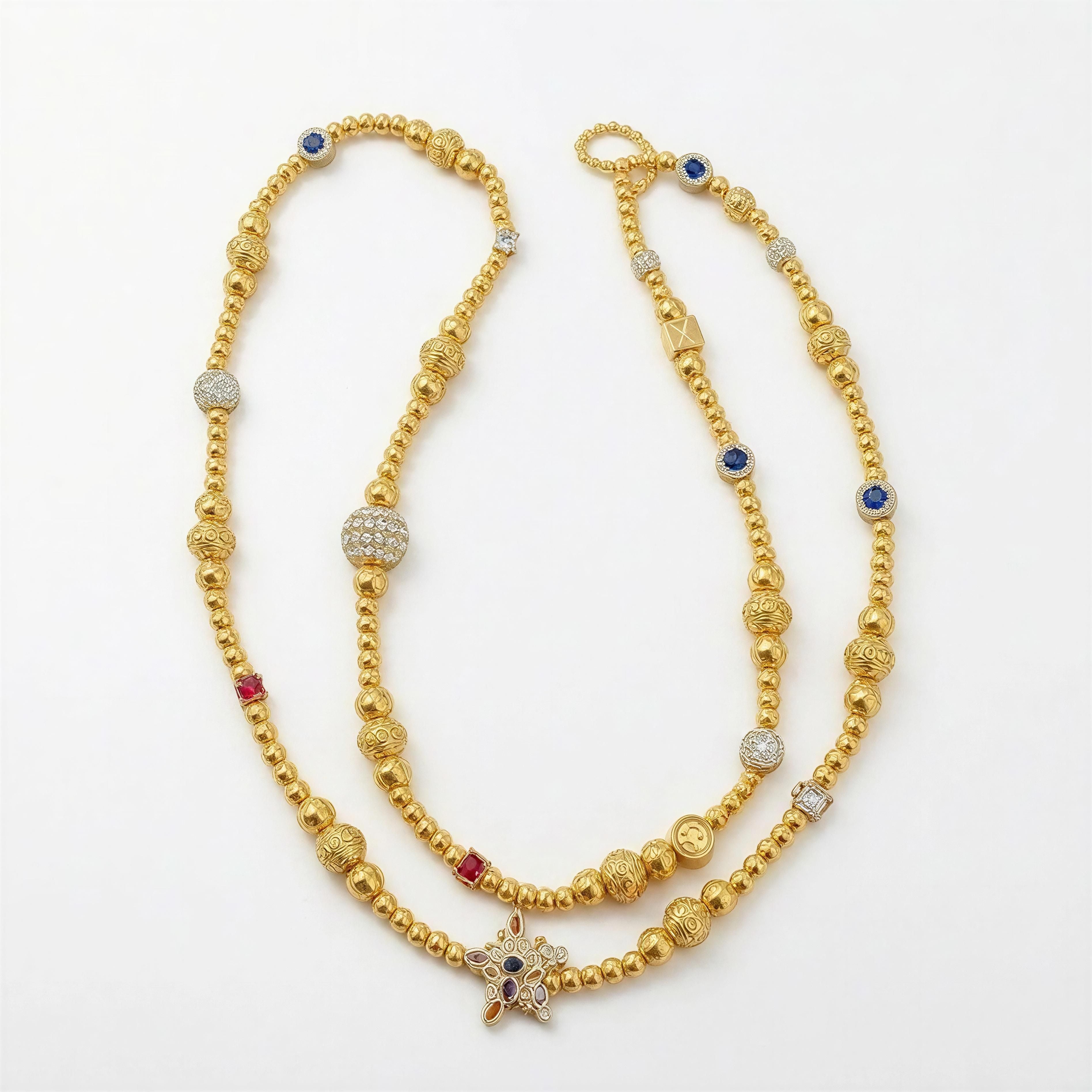 The Rivièra Sunglass Chain - Limited Edition featuring intricate gold beads with accents of blue and red gemstones, sparkling pavé details, and a star-shaped charm, elegantly handcrafted.