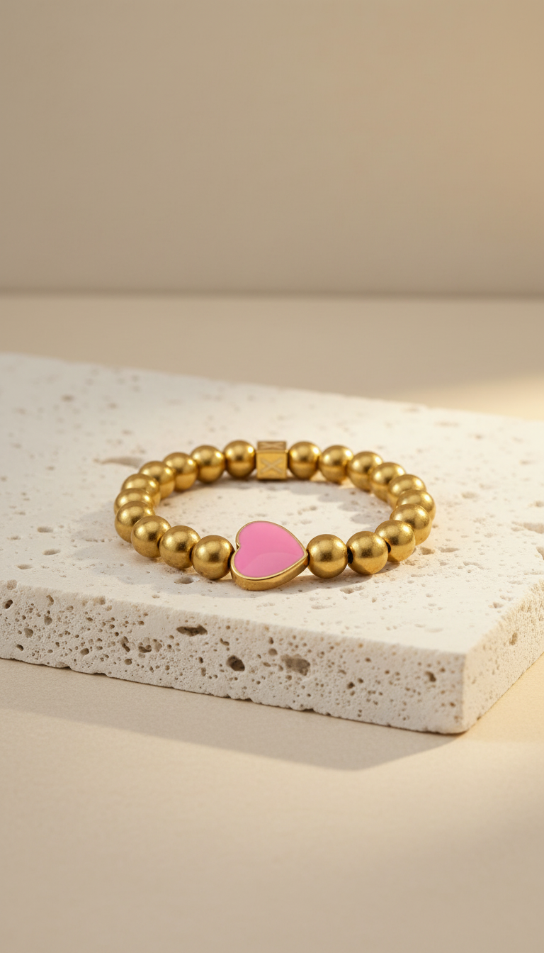 The Little Icons Collection - Pink Little Heart bracelet featuring polished gold beads with a central pink heart charm, elegantly displayed on a textured stone surface.