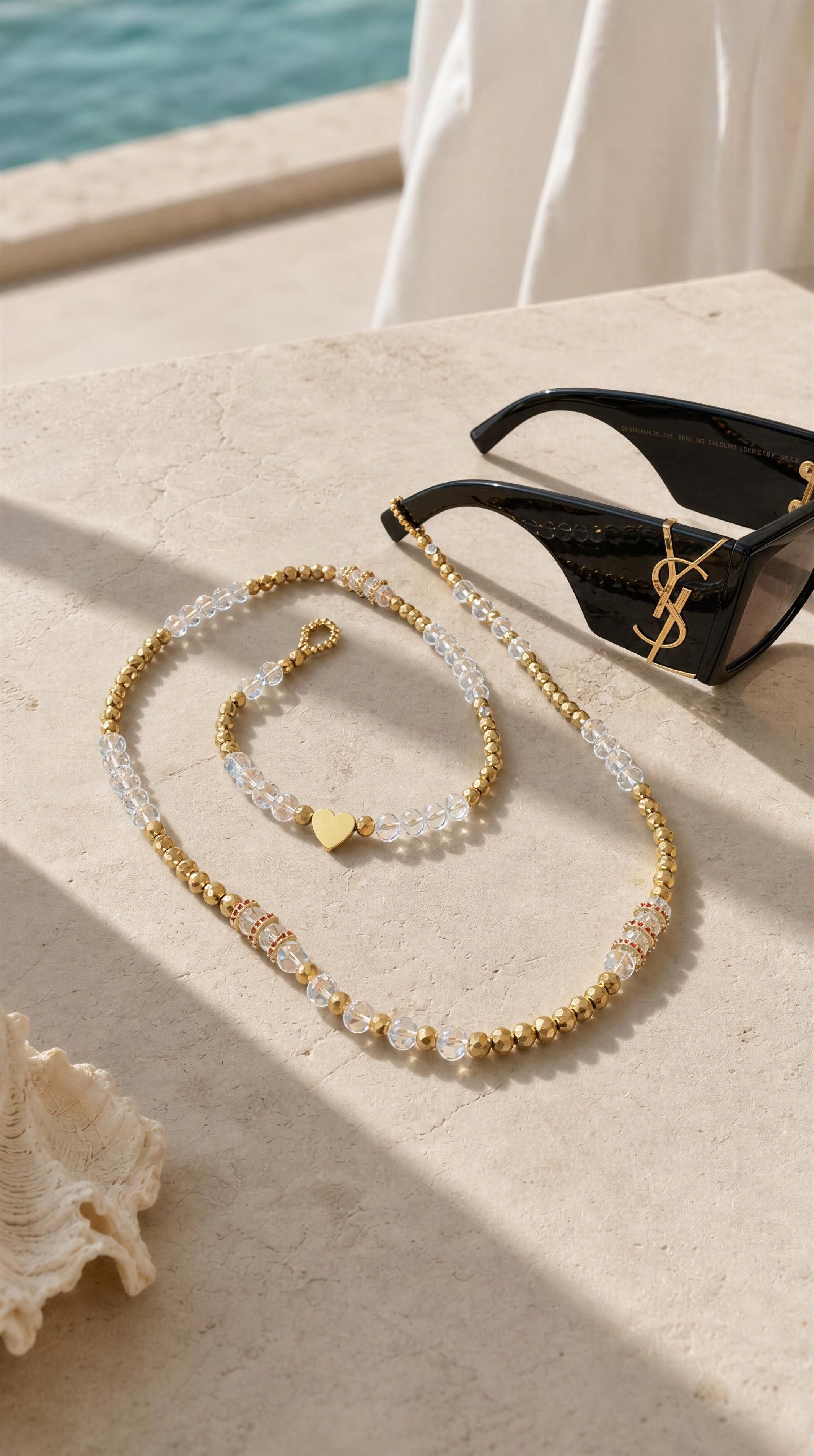 The Riviera Sunglass Chain - Cristalle featuring delicate gold and clear beads with a heart-shaped charm, styled alongside black designer sunglasses on a stone surface by the sea.
