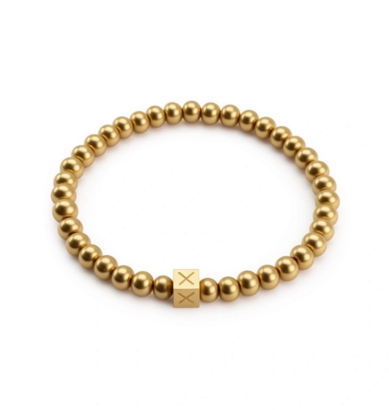 A gold beaded bracelet with a square charm engraved with crossed lines, showcasing The Essential Collection - 6mm, featuring luxury handcrafted jewelry elements.