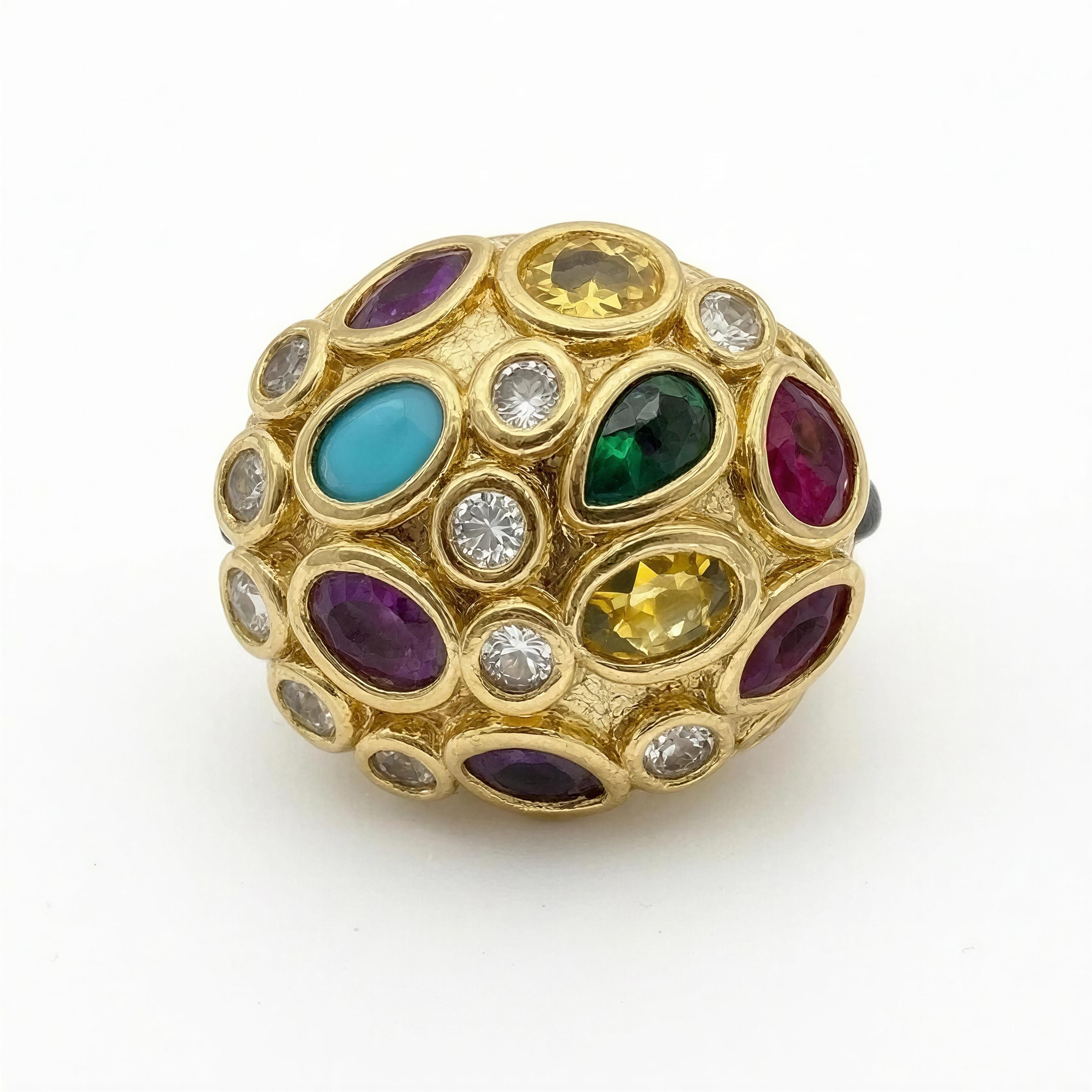 A luxurious, handcrafted gold bead from the Timeless Collection - Coloris Aurea Essentia, adorned with vibrant gemstones including amethyst, turquoise, emerald, citrine, ruby, and sparkling clear crystals.