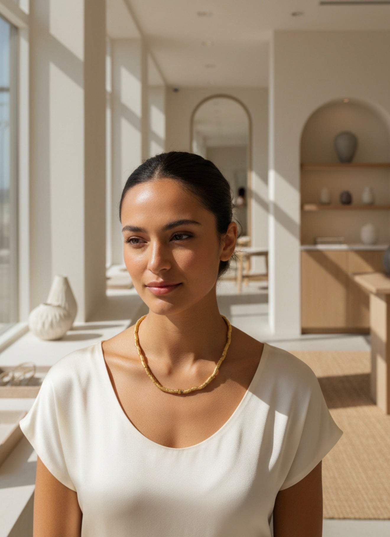 Woman wearing a textured gold necklace in natural light, showcasing elegant handcrafted luxury jewelry from the Necklaces - AURELIS collection.
