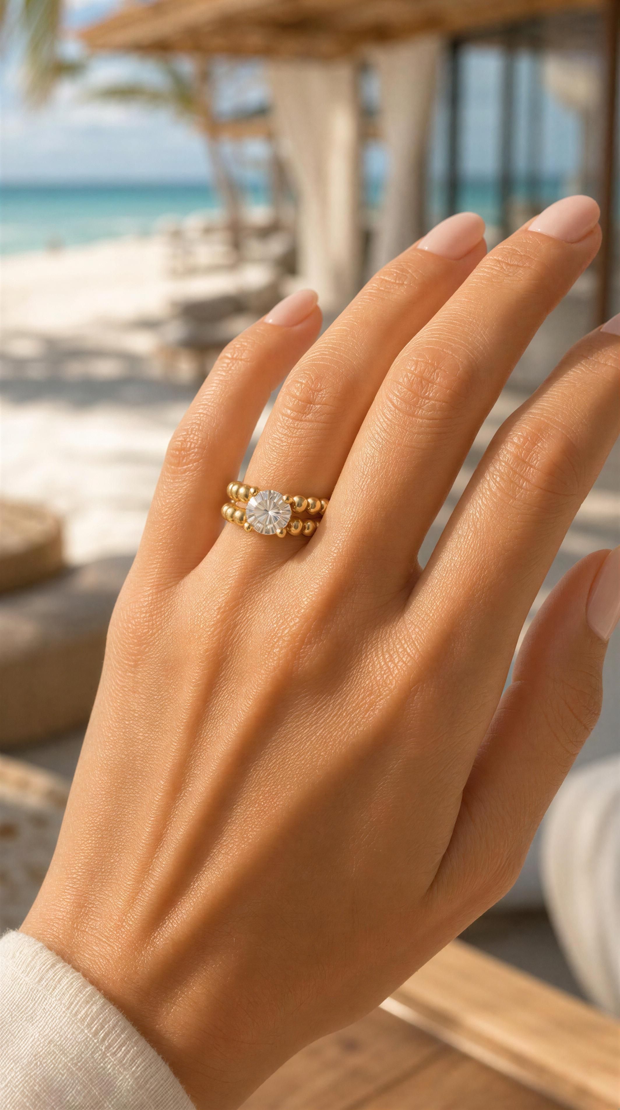 Close-up of a hand wearing the RING - LUMIÈRE ÉTERNELLE, featuring golden beaded bands and a sparkling round centerpiece, with a serene beach background.