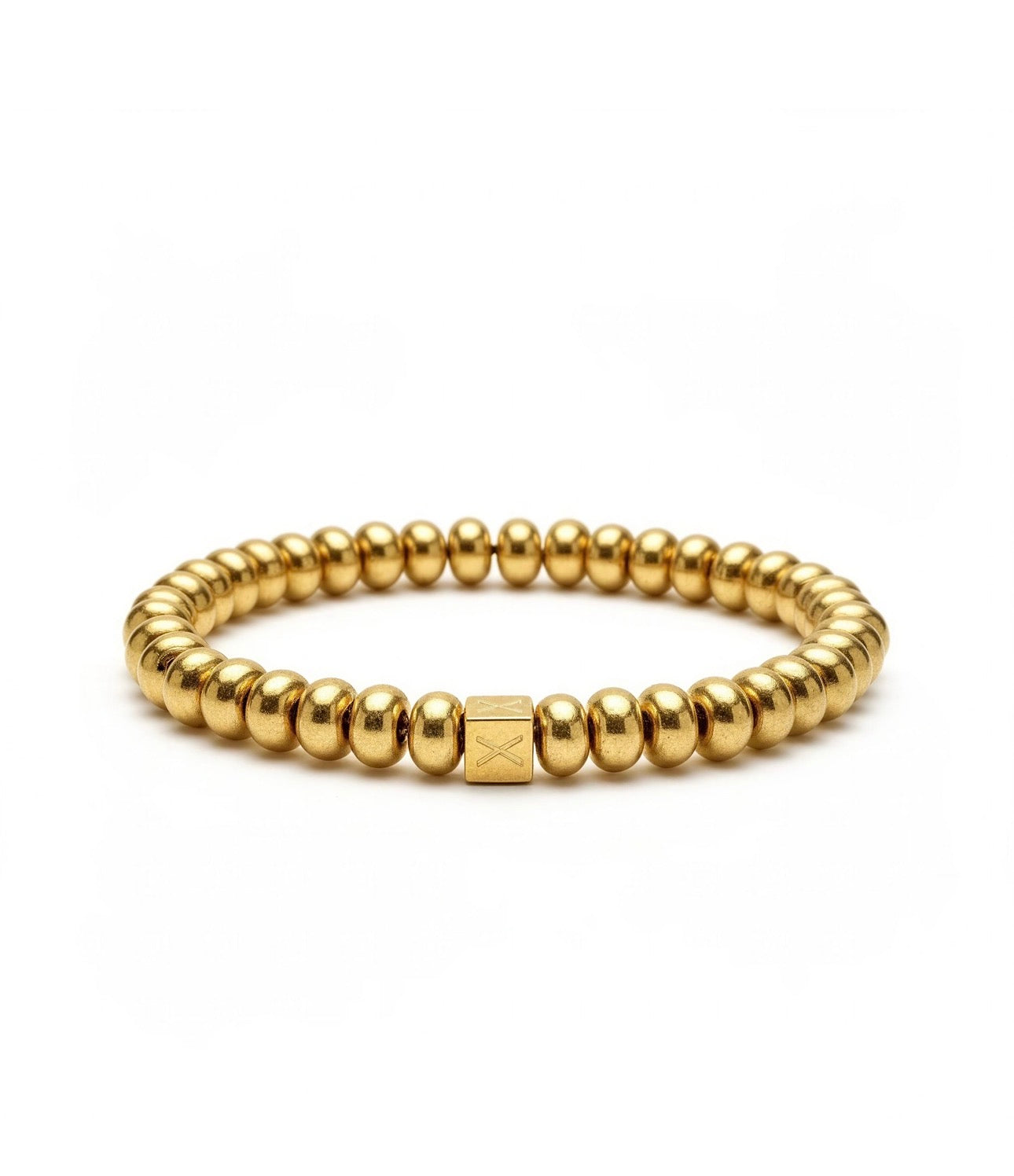 The Essential Collection - 8mm Aurea Ovalis bracelet features polished gold beads with a distinctive square charm, embodying handcrafted luxury and refined elegance.