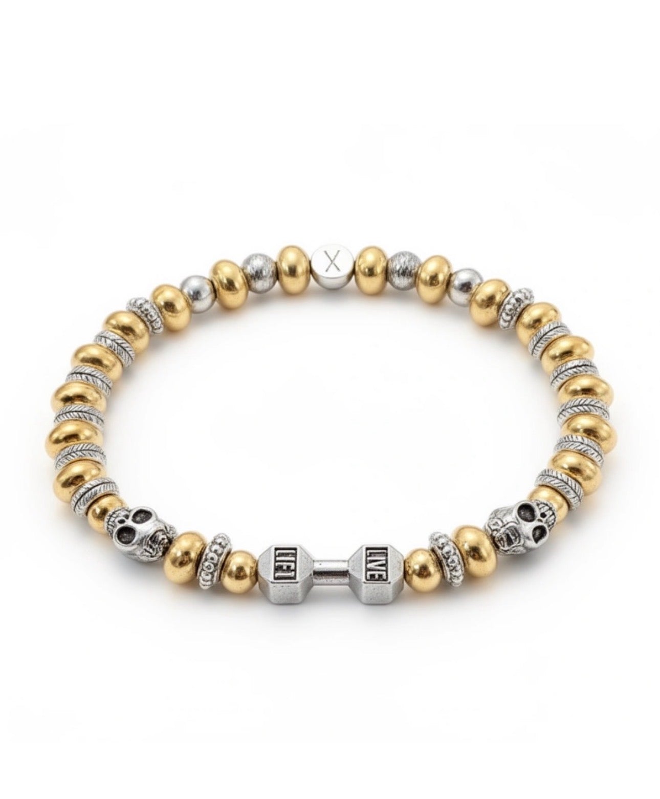 The Iron Legacy Bracelet featuring gold and silver beads, intricate skull details, and a silver dumbbell charm engraved with "LIFT" and "LIVE," showcasing handcrafted luxury jewelry.