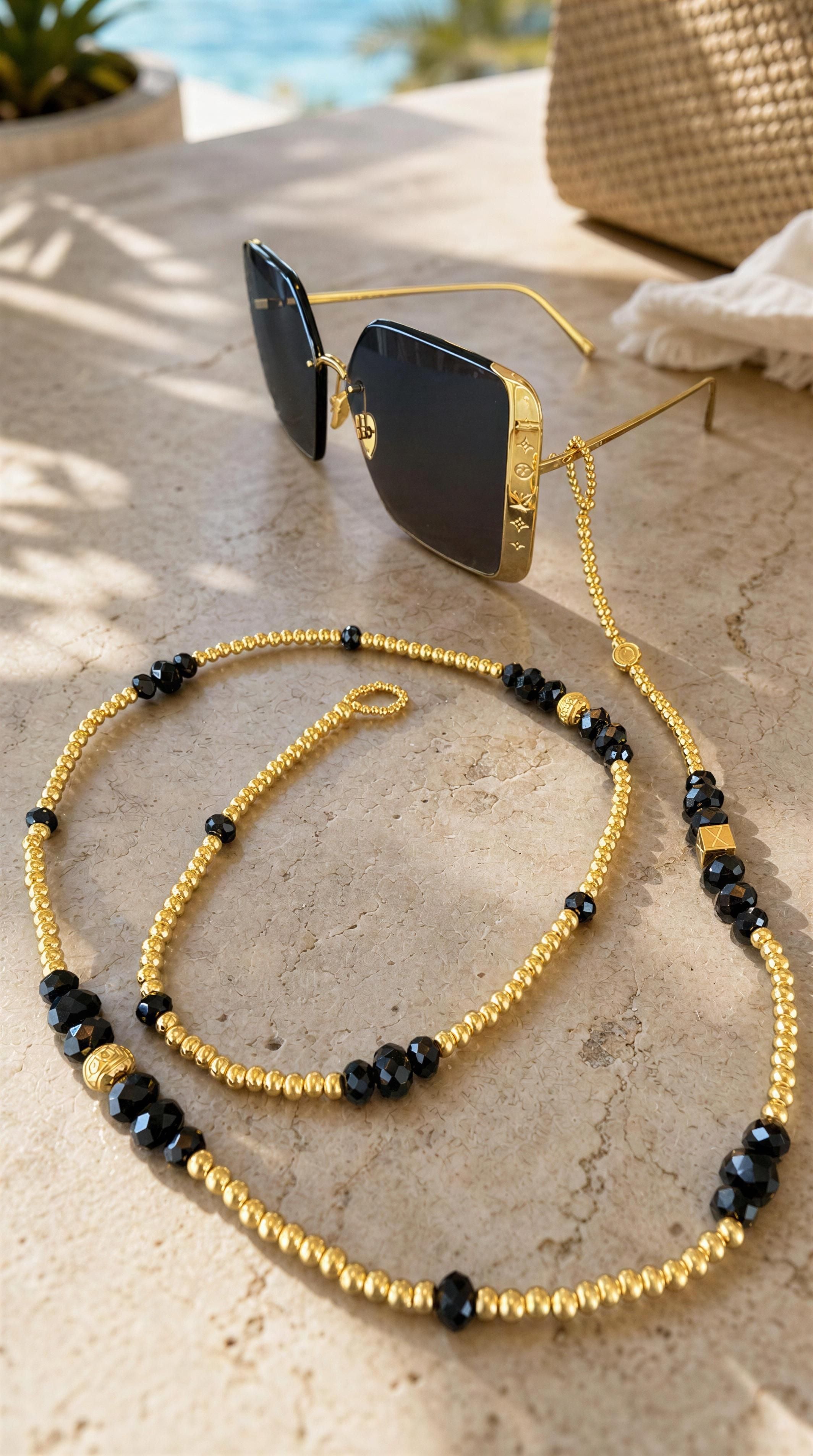The Riviera Sunglass Chain — Limited Collection featuring a luxury handcrafted beaded chain in gold and black, elegantly attached to stylish gold-rimmed sunglasses.