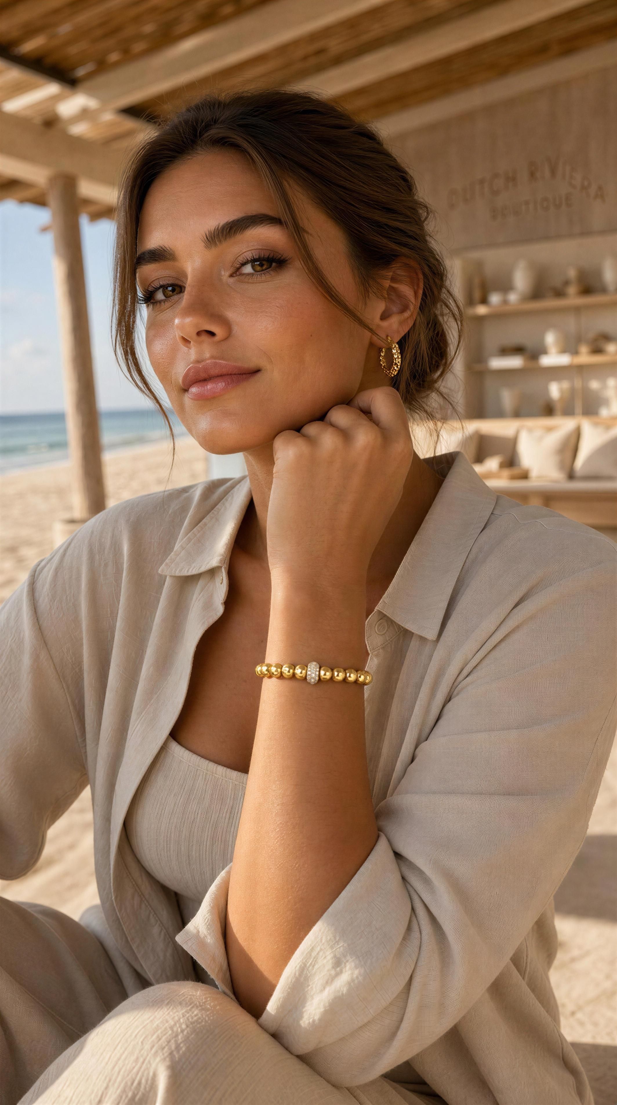 Elegant woman wearing a gold beaded designer bracelet and matching hoop earrings, showcasing the XX ÉLÉGANCE – Champagne Royale bracelet in a serene beachside setting.