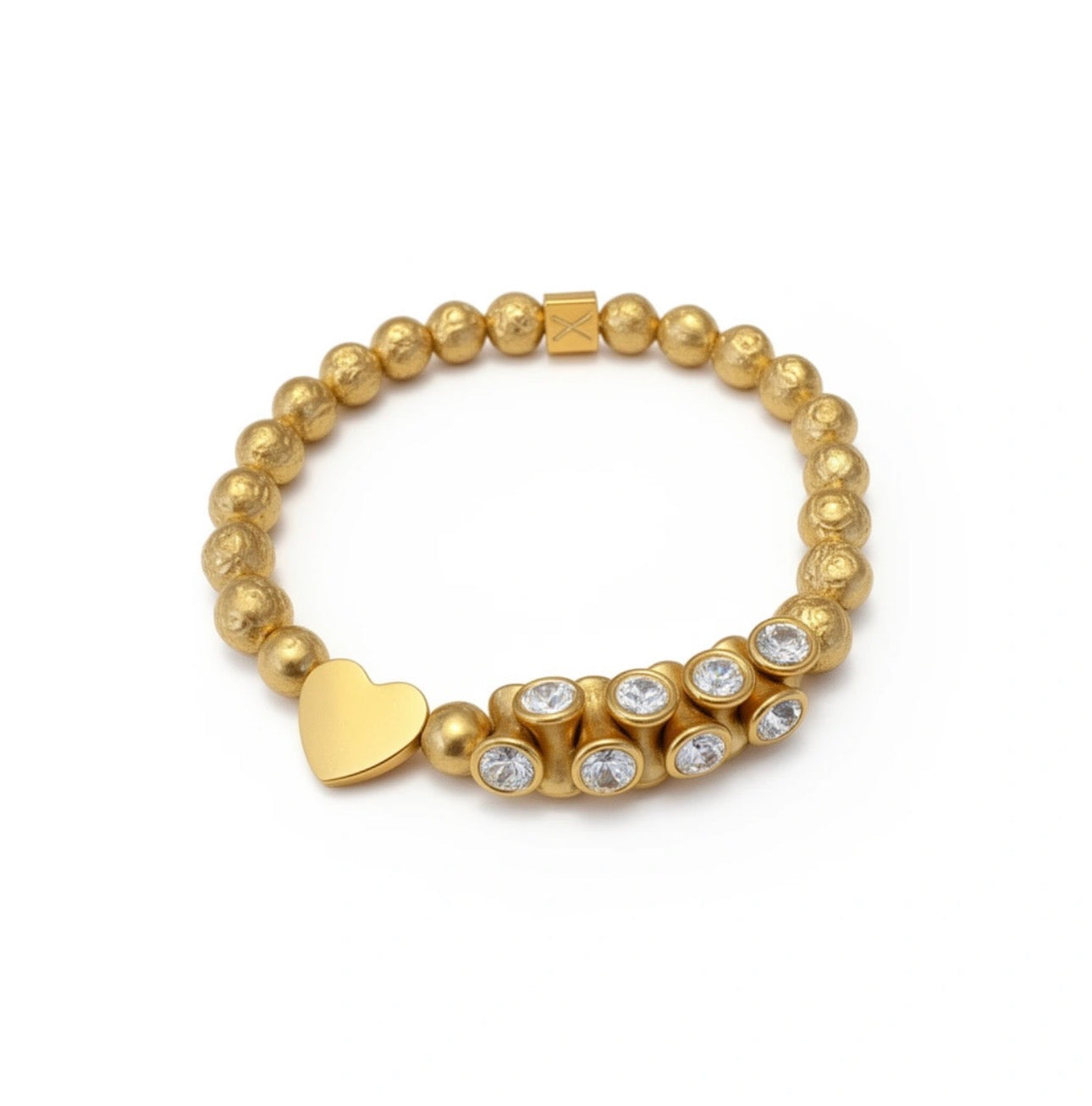 Limited Edition - Aurea Cordis Lux bracelet featuring gold beads, a smooth gold heart charm, and a cluster of sparkling clear stones for a handcrafted luxury jewelry look.