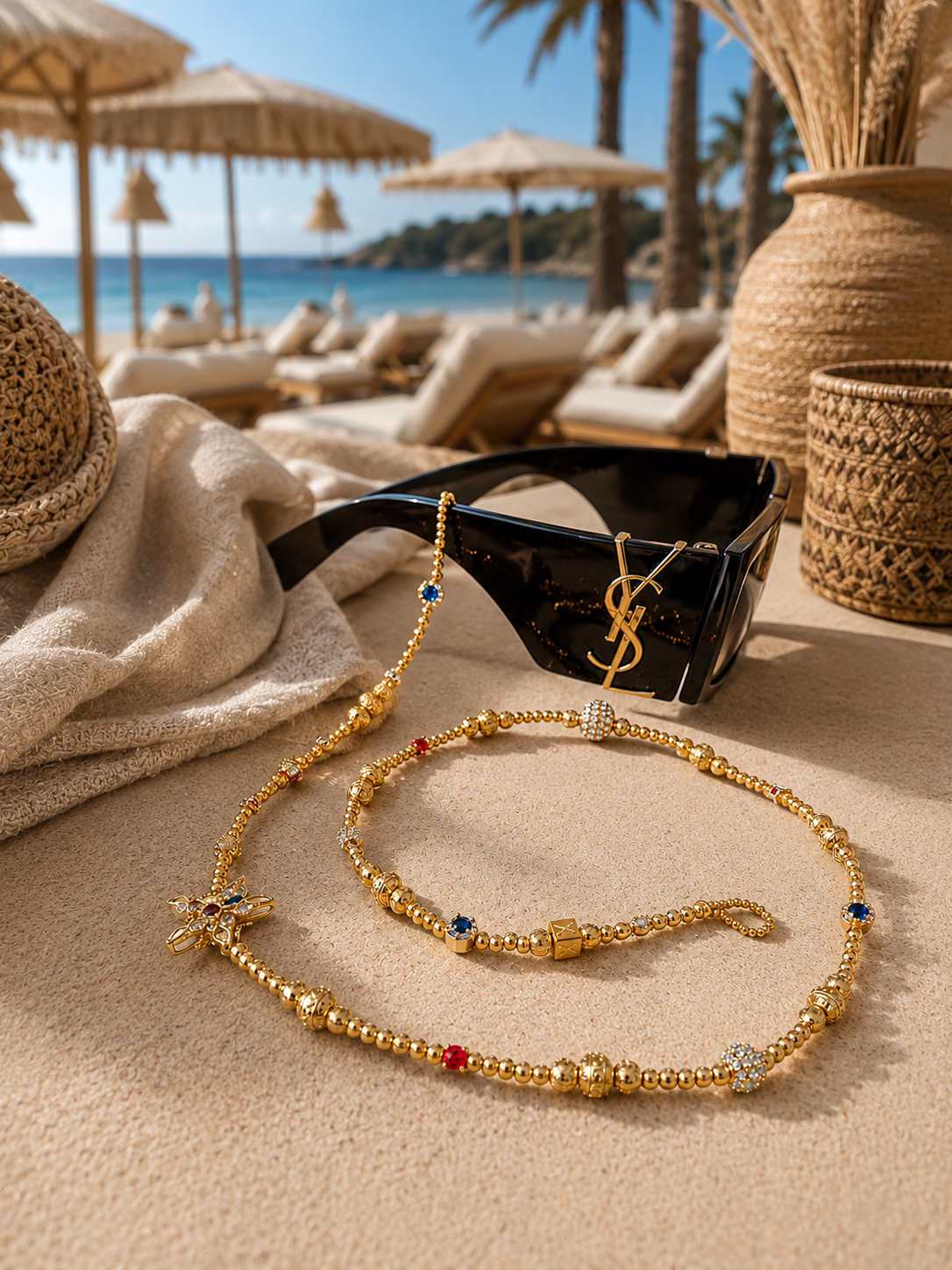 The Rivièra Sunglass Chain - Limited Edition featuring gold beads and colorful accents elegantly draped over black designer sunglasses on a sandy beach with palm trees and wicker decor in the background.