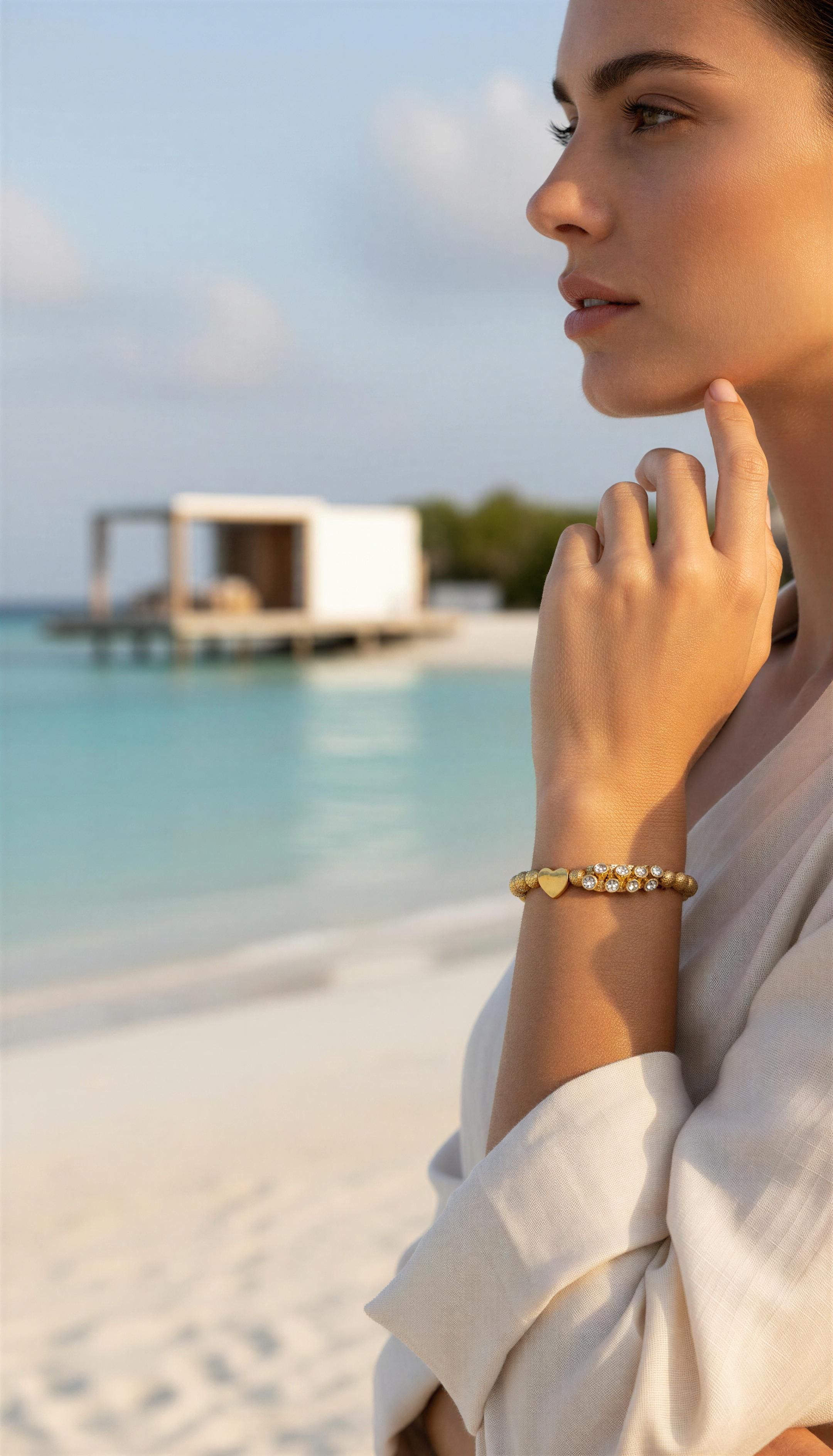 Woman wearing a Limited Edition - Aurea Cordis Lux gold bead bracelet with heart and crystal details, posed thoughtfully by a serene beach setting with calm water and a modern white pavilion.