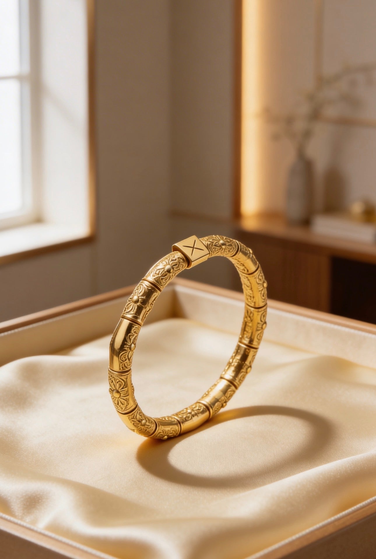 Elegant gold bracelet with intricate floral engravings and a square clasp, showcased on a silky fabric backdrop, part of The Essential Collection - Essentia Aurea.